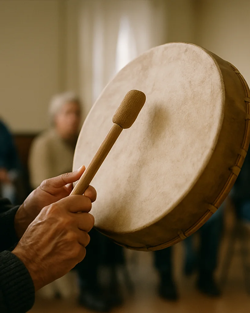 Documentary editorial photograph, soft natural daylight, candid moment of hands striking a damphu frame drum at an indoo