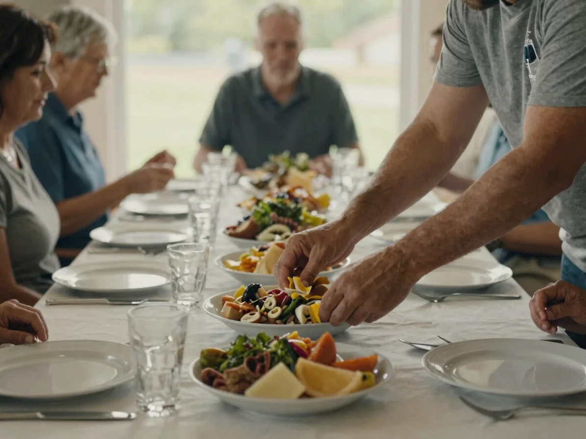 Documentary editorial photograph, natural soft daylight, close detail of hands arranging a traditional meal on a table d