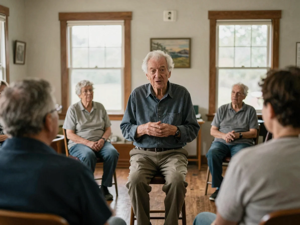 Candid documentary photograph of an elder speaking during an oral