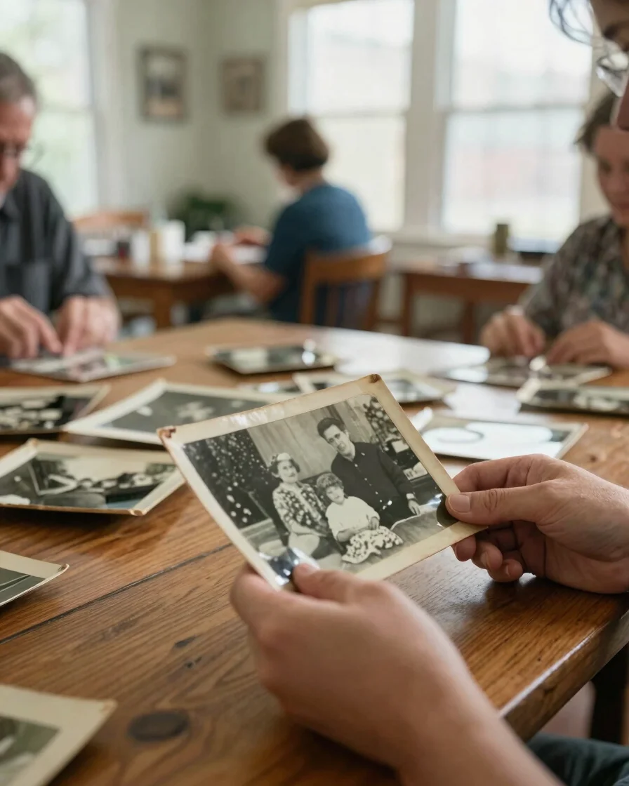 Documentary editorial photograph of hands carefully scanning an aged family photograph on a wooden table in a bright Har