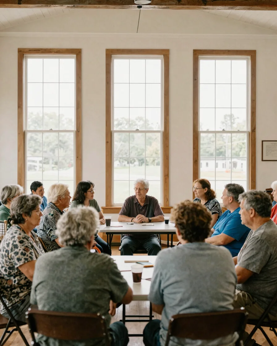 Candid documentary photograph of community members gathered in a bright local hall in central Pennsylvania, soft natural
