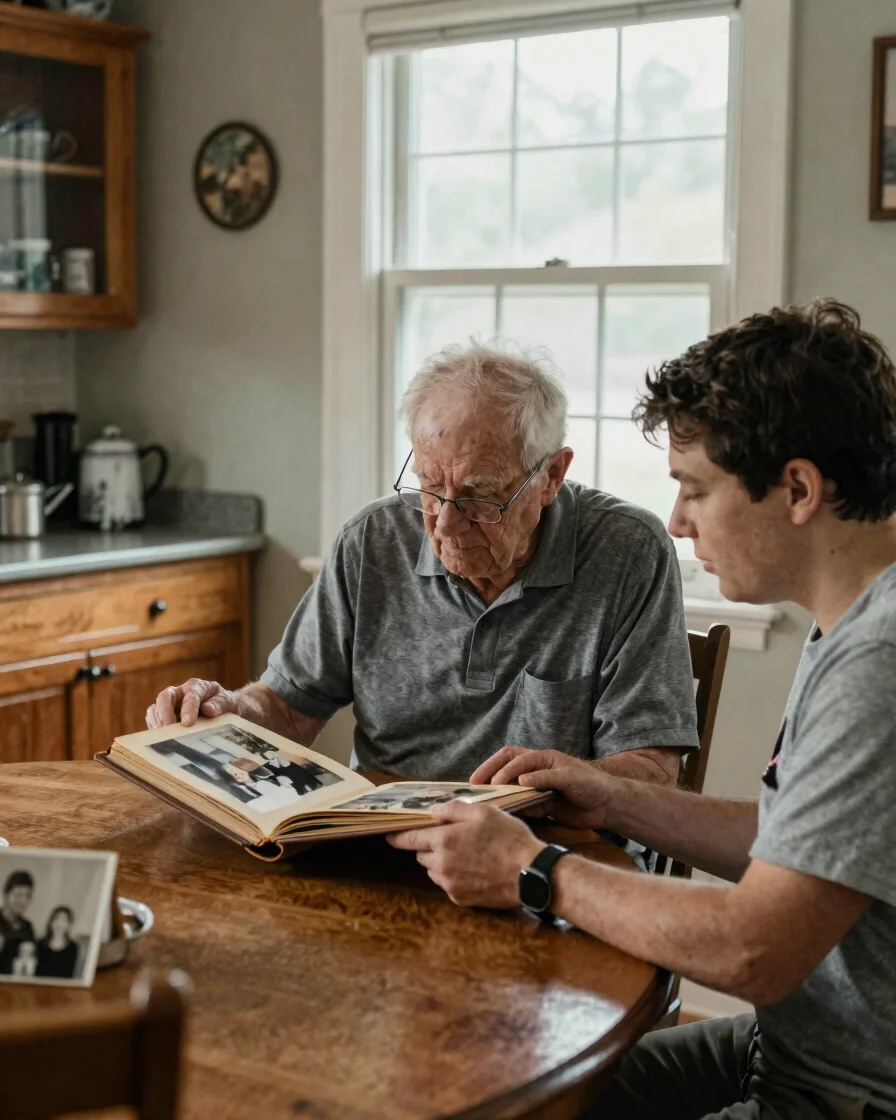 Documentary editorial photograph of an elder and a younger relative looking through an old family photo album together a
