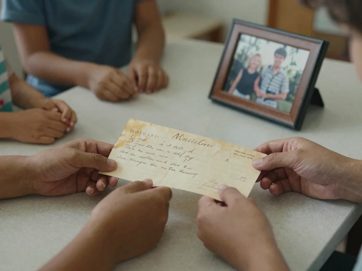 Documentary photograph of a family's hands holding a weathered ha