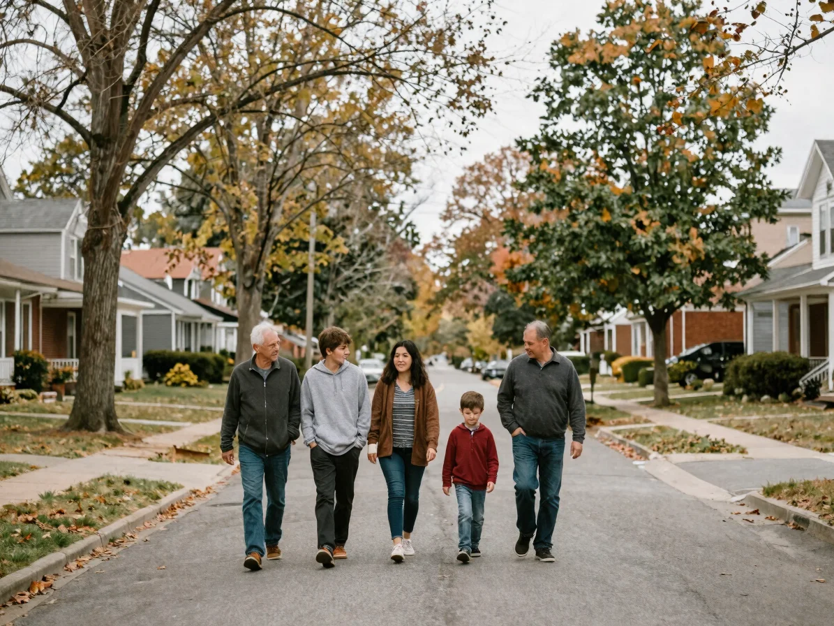 Candid wide environmental photograph of a family walking together