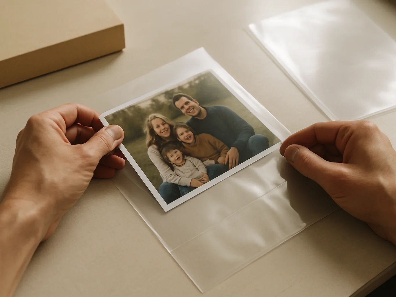 Close detail photograph of hands carefully placing a printed fami