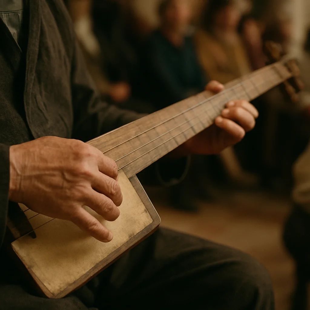 Close detail photograph of hands playing a traditional instrument