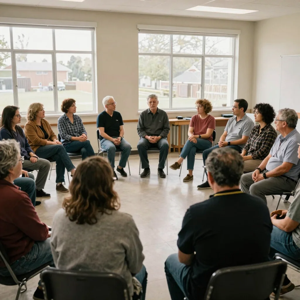 Candid photograph of community members in a public meeting room d