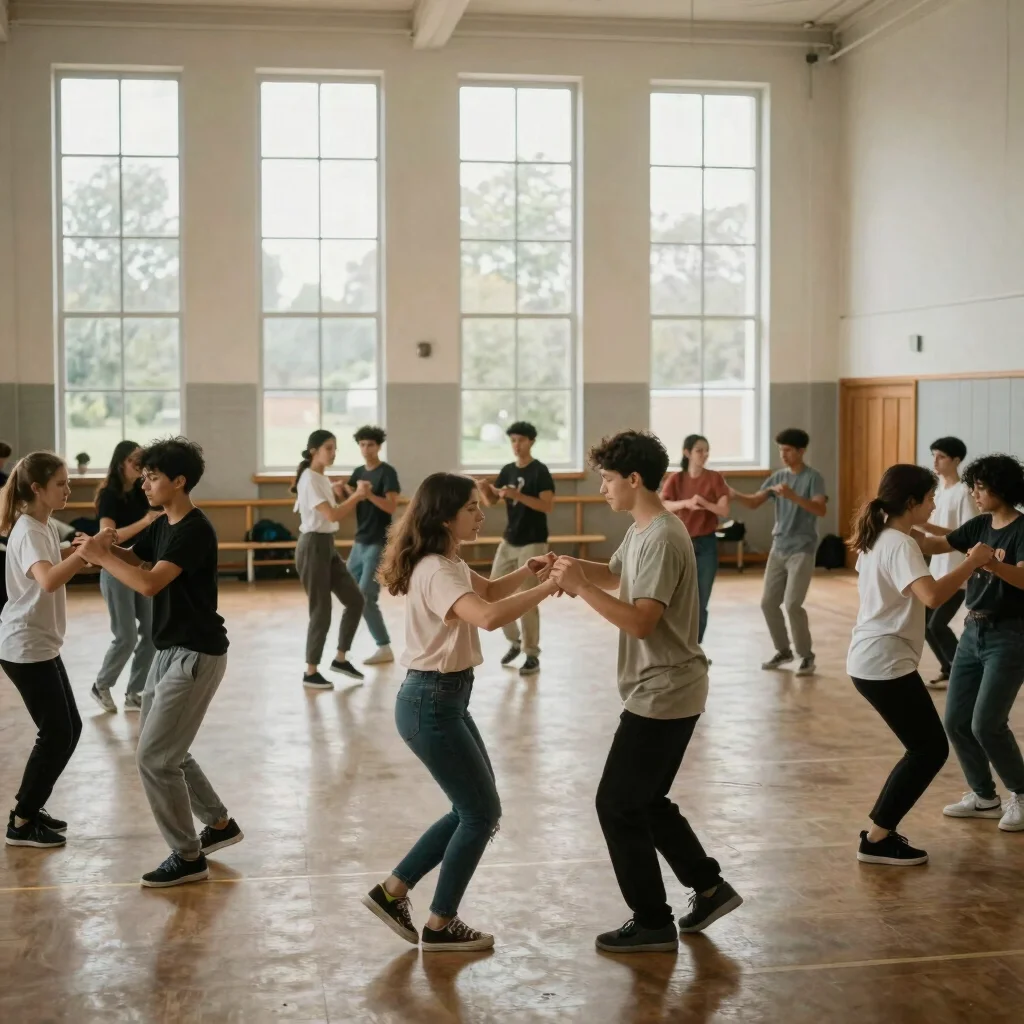 Wide environmental photograph of a youth dance session in a commu